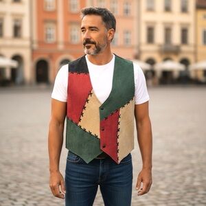 LEARSI Vintage Leather Vest Men’s M Color Block On Black Button Up